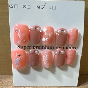 Mermaid Press On Nail Peach Mauve Pearl Rhinestone Super Premium Manicure Size M